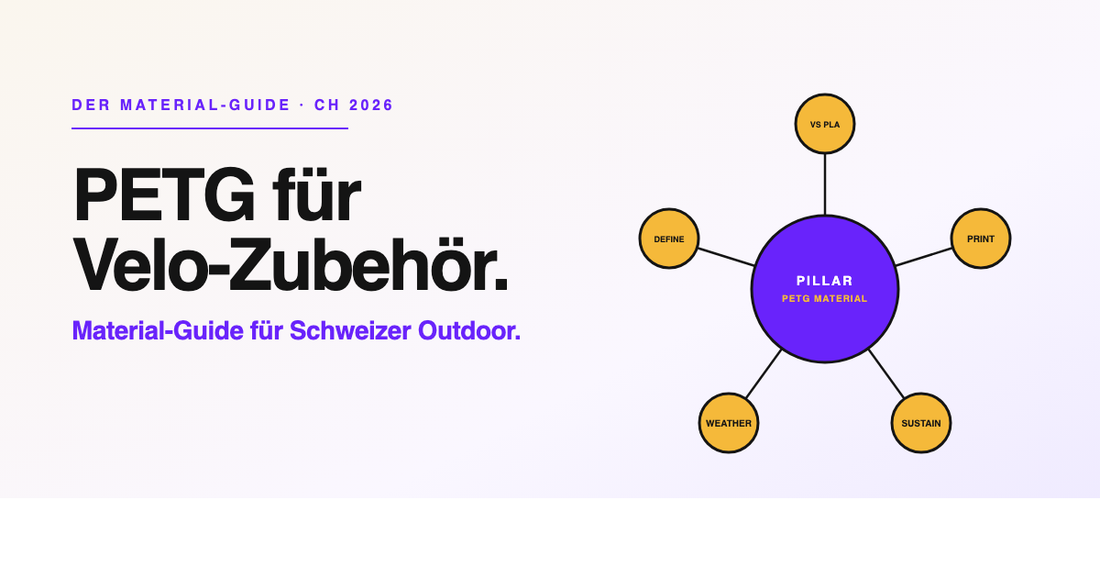 PETG für Velo-Zubehör — Der Material-Guide für Schweizer Outdoor-Bedingungen mit Hub-and-Spoke-Architektur zu Definition, Vergleich, Wetter, 3D-Druck und Nachhaltigkeit