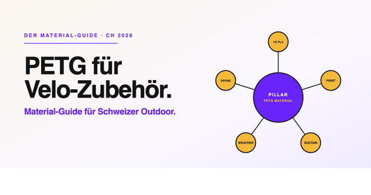 PETG für Velo-Zubehör — Der Material-Guide für Schweizer Outdoor-Bedingungen mit Hub-and-Spoke-Architektur zu Definition, Vergleich, Wetter, 3D-Druck und Nachhaltigkeit