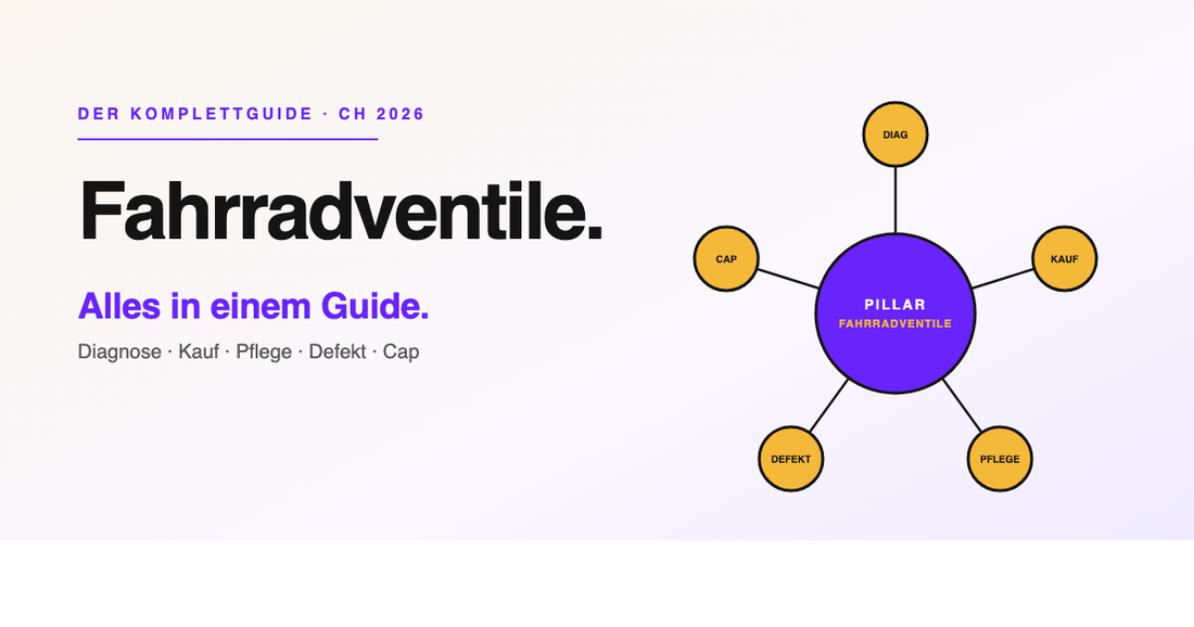 Fahrradventile — Der komplette Schweizer Guide 2026 mit 8 Sektionen und Hub-and-Spoke-Architektur zu Diagnose, Kauf, Pflege, Defekt-Reparatur und Ventilkappen