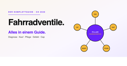Fahrradventile — Der komplette Schweizer Guide 2026 mit 8 Sektionen und Hub-and-Spoke-Architektur zu Diagnose, Kauf, Pflege, Defekt-Reparatur und Ventilkappen