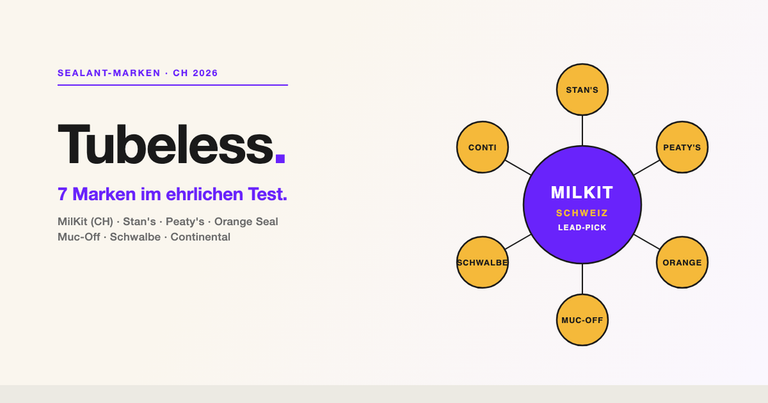 Tubeless-Milch im Vergleich 2026, sieben Sealant-Marken im Schweizer Test mit MilKit als Lead-Empfehlung